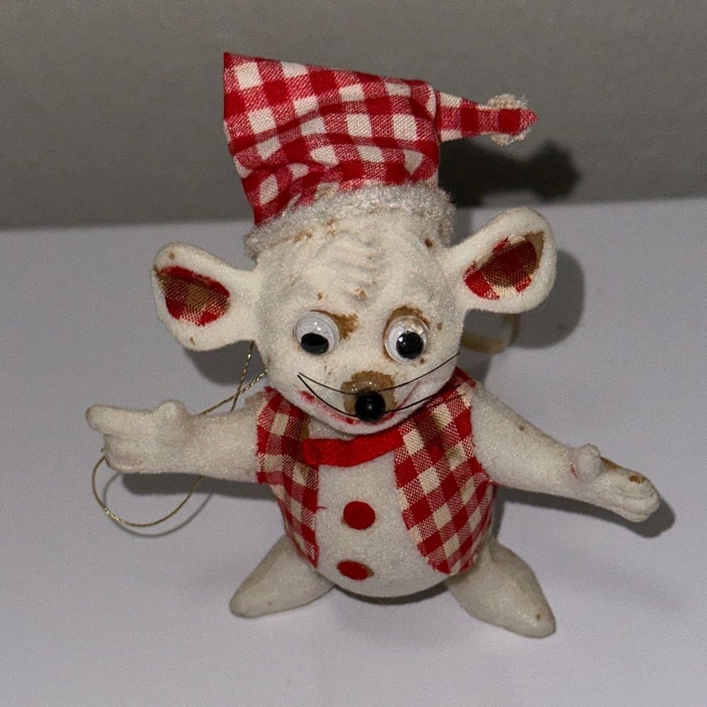Vintage Flocked Plastic Mouse Christmas Ornament with Red Checkered‎ Hat & Vest